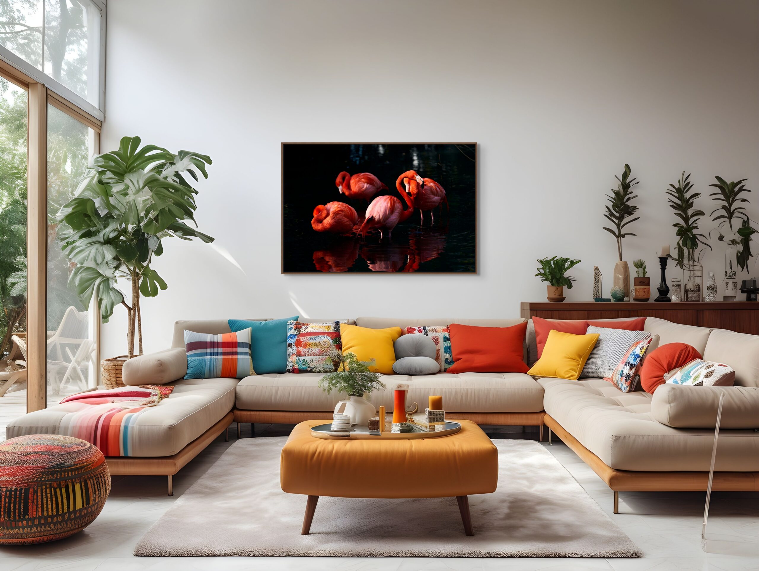 Mockup di un ampio soggiorno moderno e luminoso con un grande divano angolare beige e cuscini colorati. Sopra il divano è esposta l'opera "La Danza dei Tempi" di Antonio Milesi, che ritrae quattro fenicotteri rosa in un gioco di ombre e riflessi pittorici. Mockup of a spacious and bright modern living room with a large beige sectional sofa and colorful pillows. Above the sofa, the artwork "The Dance of Times" by Antonio Milesi is displayed, featuring four pink flamingos in a play of shadows and pictorial reflections.