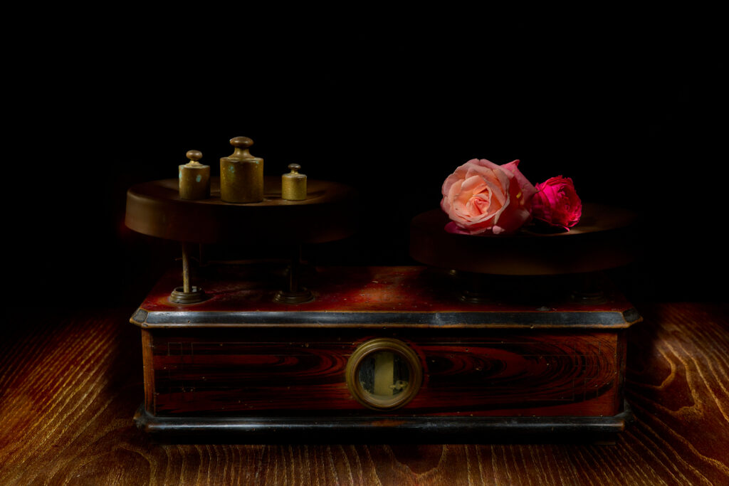 Fotografia pittorialista di Antonio Milesi: Il Peso della Bellezza. Una bilancia d'epoca in legno e metallo con tre pesi in ottone su un piatto e due rose rosa sull'altro, su un piano di legno scuro con sfondo nero. Stile Vanitas. Pictorialist photography by Antonio Milesi: Beauty's Heavy Toll. A vintage wooden and metal scale with three brass weights on one pan and two pink roses on the other, set on a dark wooden surface against a black background. Vanitas style.
