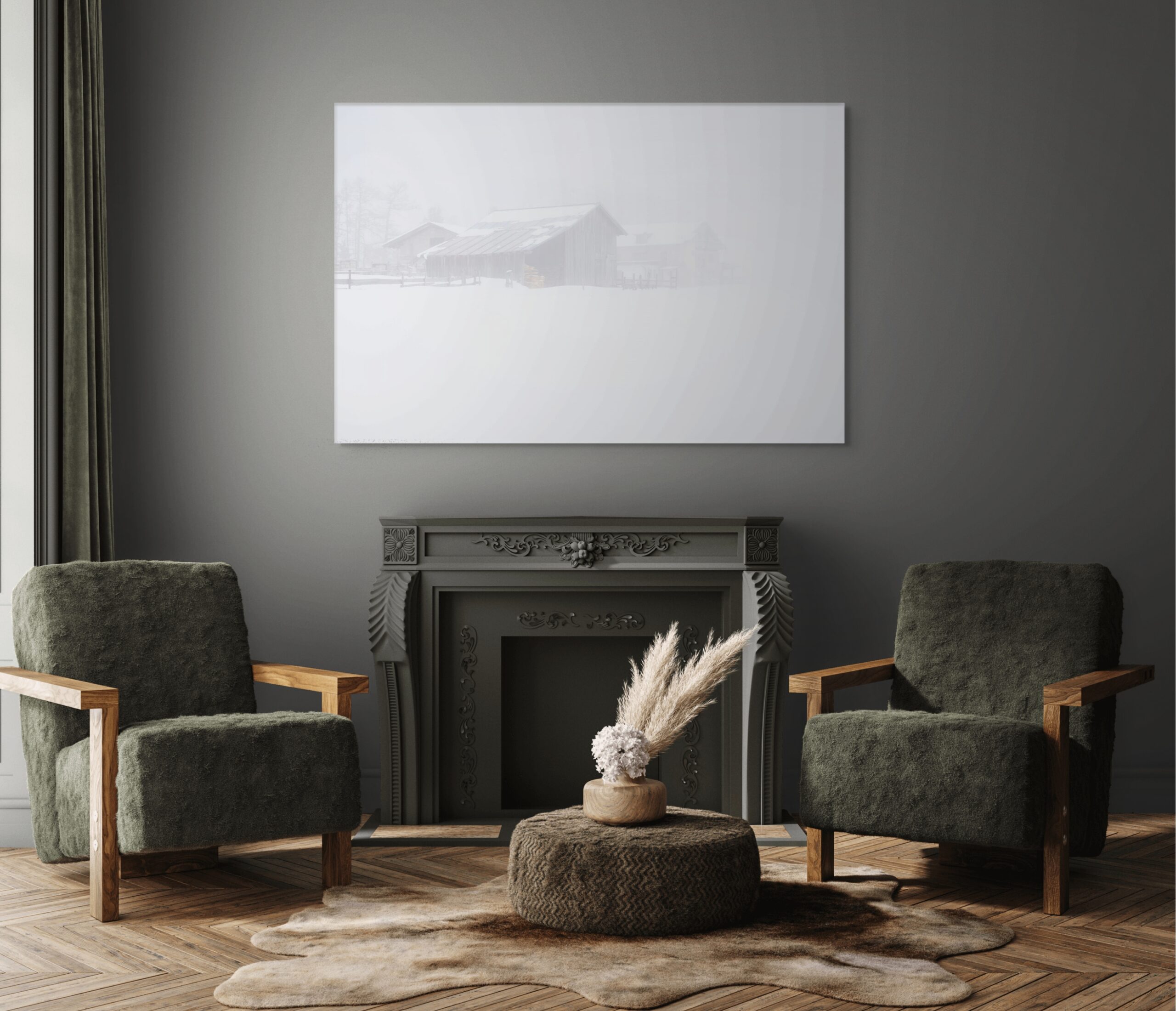 Before everything goes white_Mockup Mockup di interior design elegante: l'opera "Before everything goes white" di Antonio Milesi esposta sopra un camino grigio in un salotto dai toni scuri con poltrone moderne. Esempio di fotografia Fine Art come punto luce in ambienti materici. Elegant interior design mockup: the artwork "Before everything goes white" by Antonio Milesi displayed above a gray fireplace in a dark-toned living room with modern armchairs. Example of Fine Art photography as a light source in textured environments.