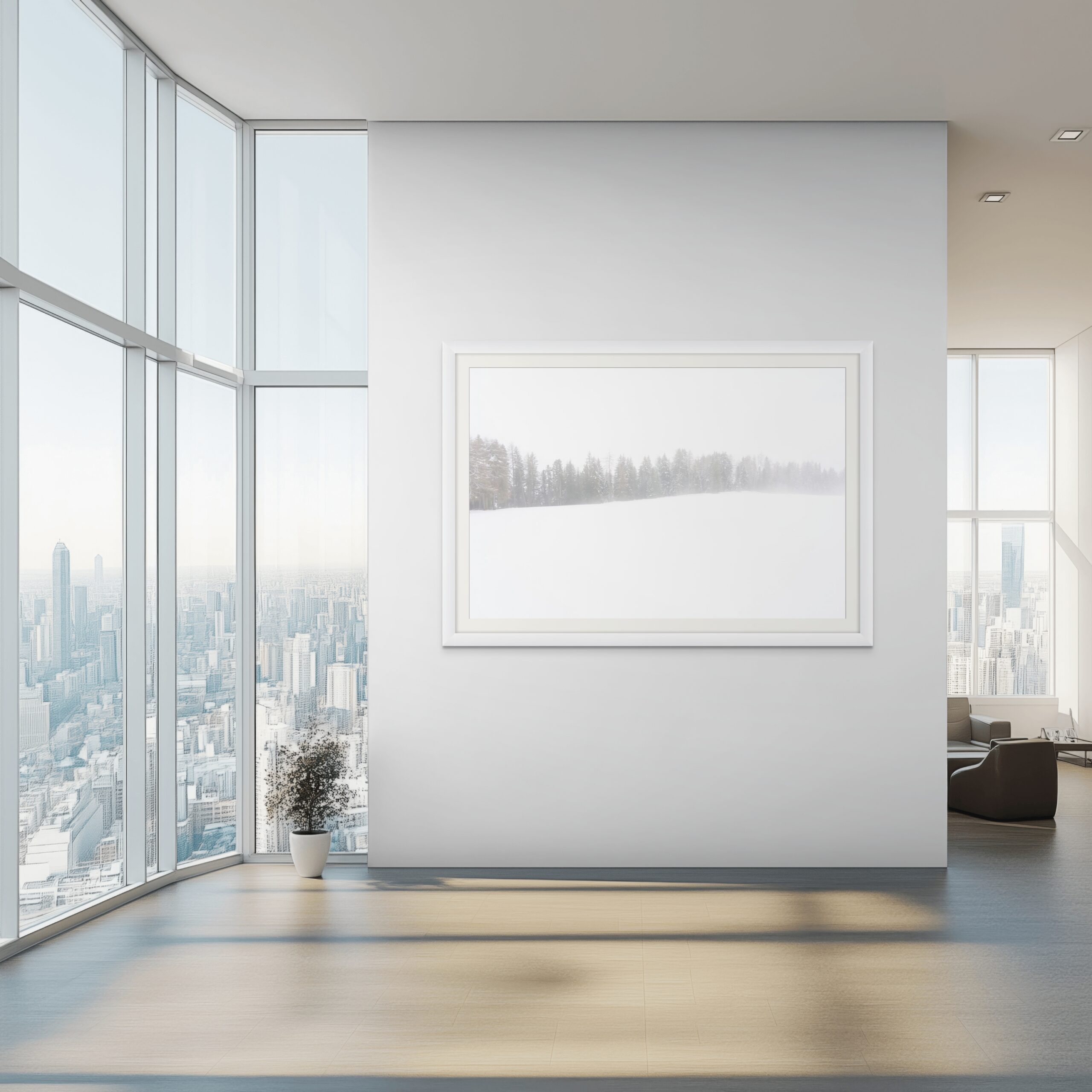 Beyond Mockup Mockup di interior design di lusso: l'opera "Beyond" di Antonio Milesi in una cornice bianca sottile, esposta su una parete bianca in un attico moderno con vista panoramica sulla città. Esempio di arte Fine Art per uffici executive e residenze d'alto livello. Luxury interior design mockup: the artwork "Beyond" by Antonio Milesi in a slim white frame, displayed on a white wall in a modern penthouse with panoramic city views. Example of Fine Art for executive offices and high-end residences.