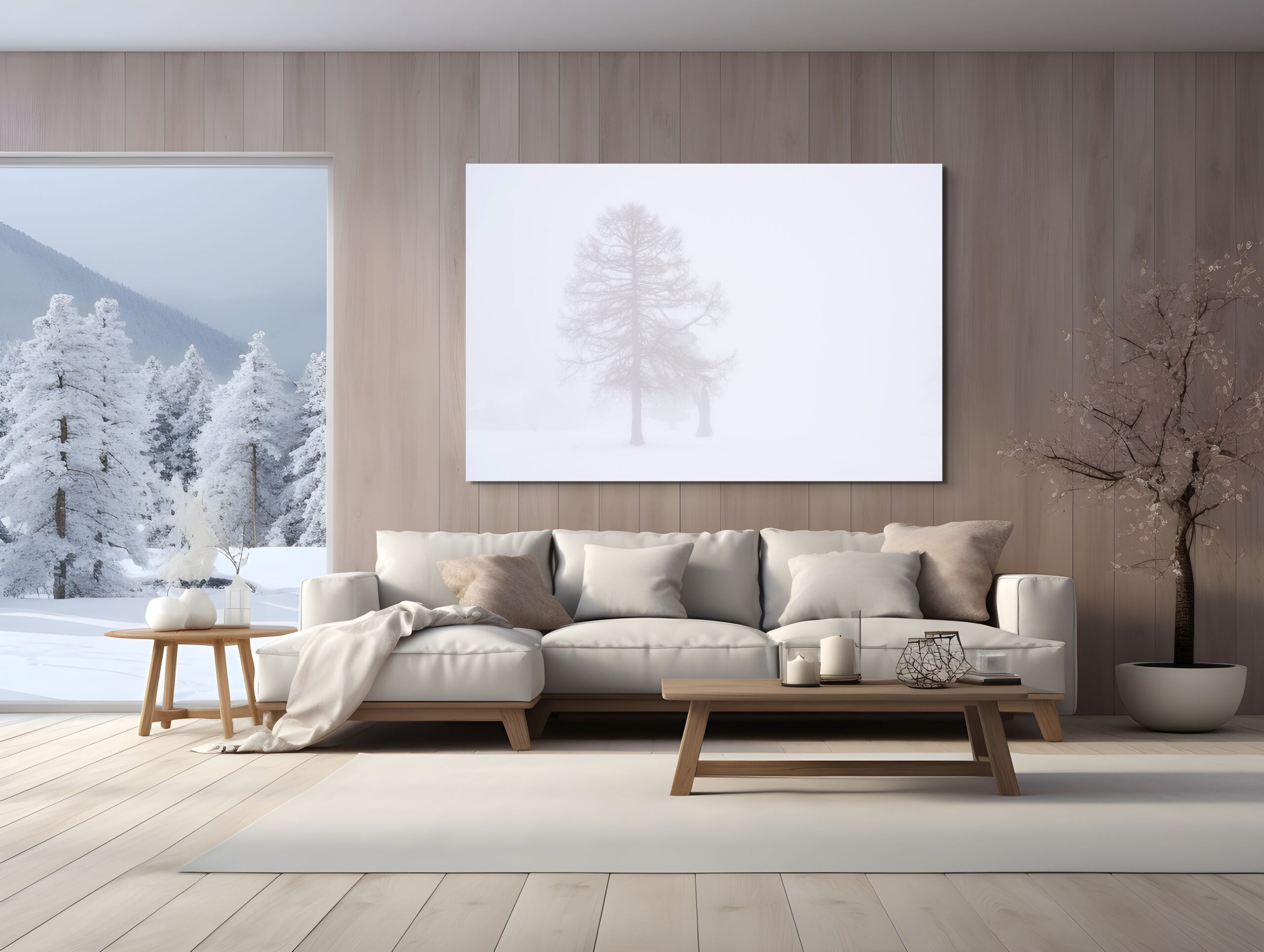 The Mist Mockup di interior design moderno: l'opera "The Mist" di Antonio Milesi esposta sopra un divano bianco in un soggiorno minimale con pareti in legno e vista su un bosco innevato. Esempio di decorazione d'interni con fotografia Fine Art. Modern interior design mockup: the artwork "The Mist" by Antonio Milesi displayed above a white sofa in a minimalist living room with wood paneled walls and a view of a snowy forest. Example of interior decoration with Fine Art photography.
